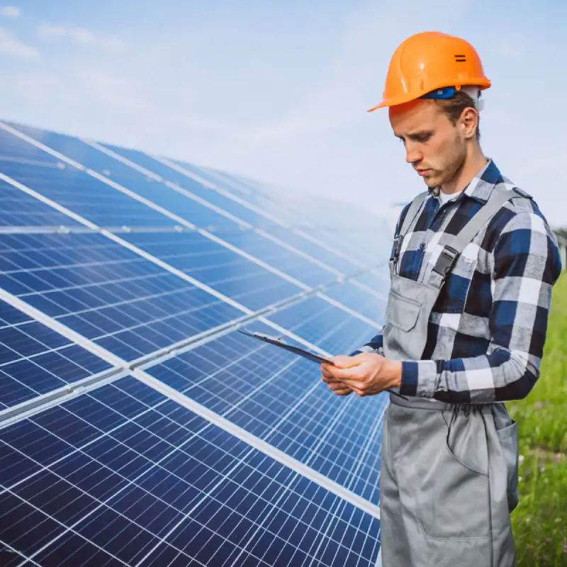 Man worker in the firld by the solar panels Investor Australian Flow Batteries